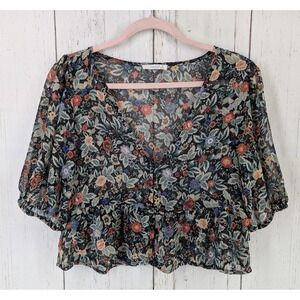 Timing Size Medium Womens Multicolor Floral‎ Print V Neck Short Sleeve Blouse